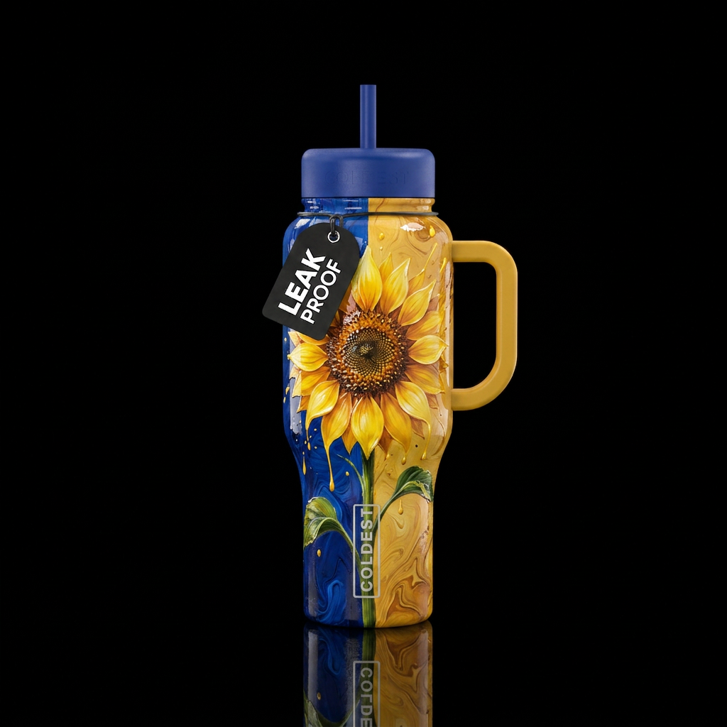 Hyper-detailed oil painting of a single vibrant su... water bottle design