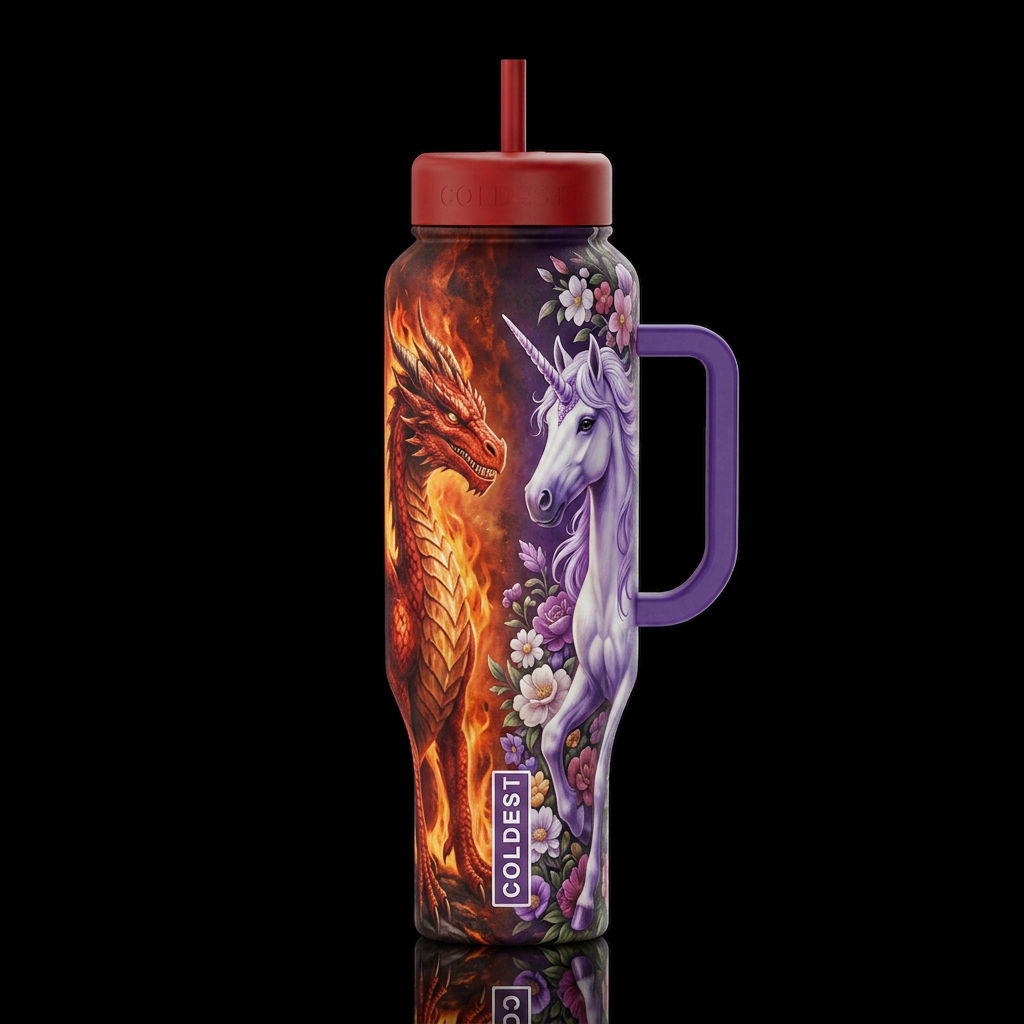 Dragon VS Unicorn water bottle design