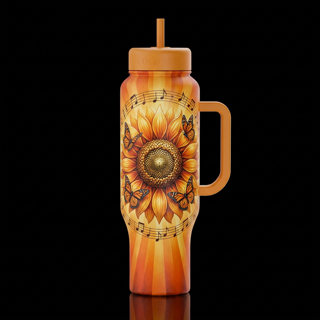 Music, Sunflower, and Butterflies water bottle design