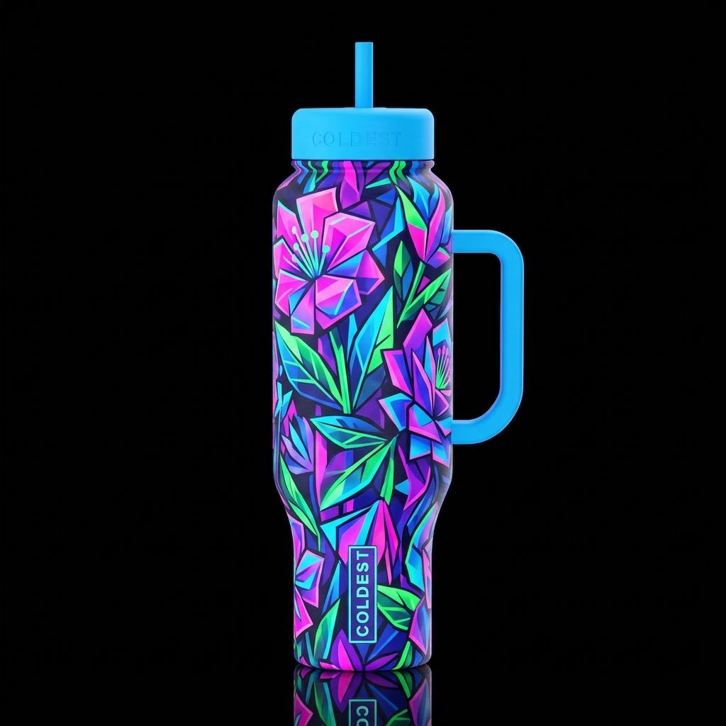 Floral cubism, neon water bottle design