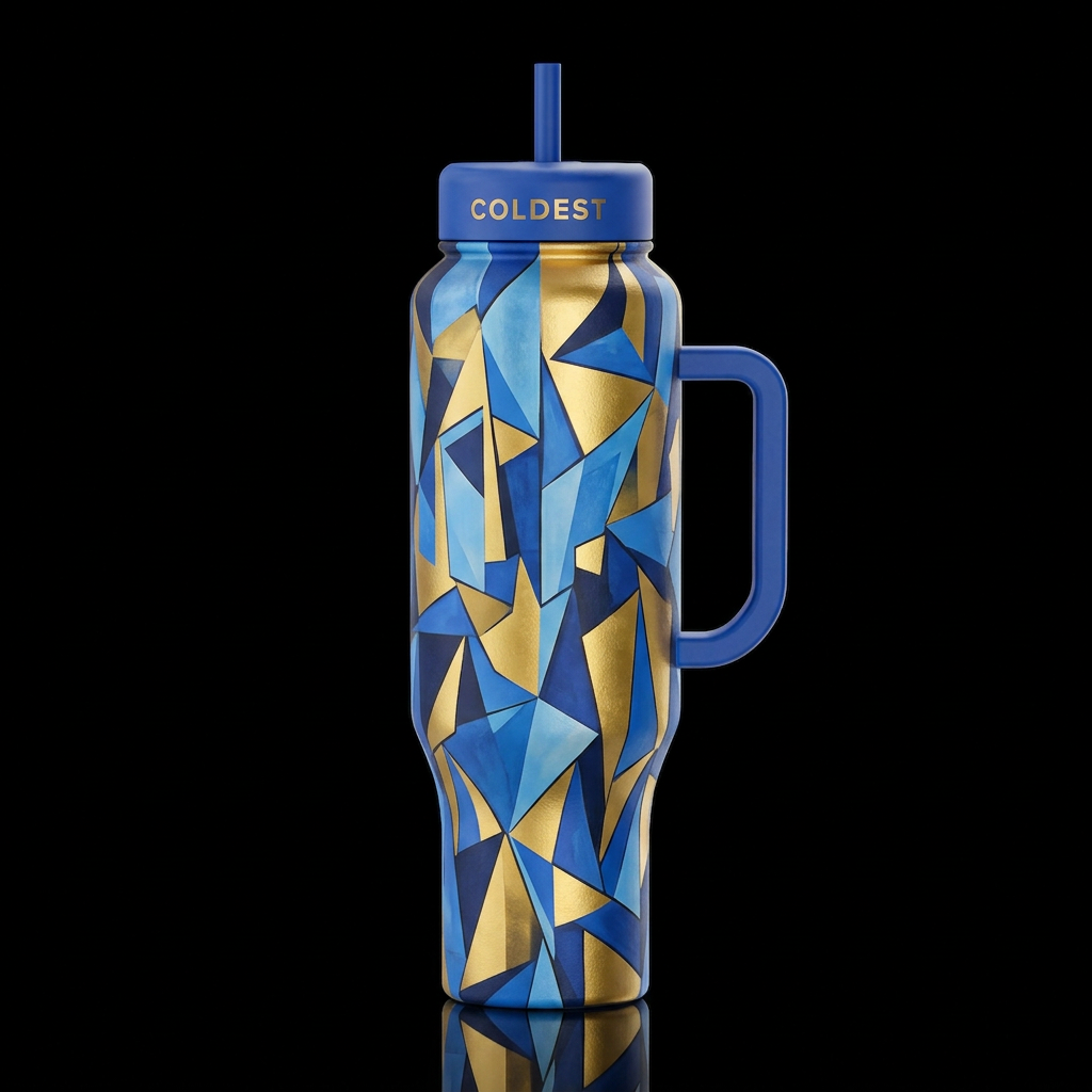 Gold and blue cubism water bottle design