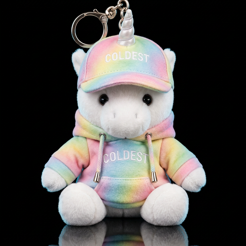 Unicorn, rainbow colored hoodie and hat, visible h... water bottle design