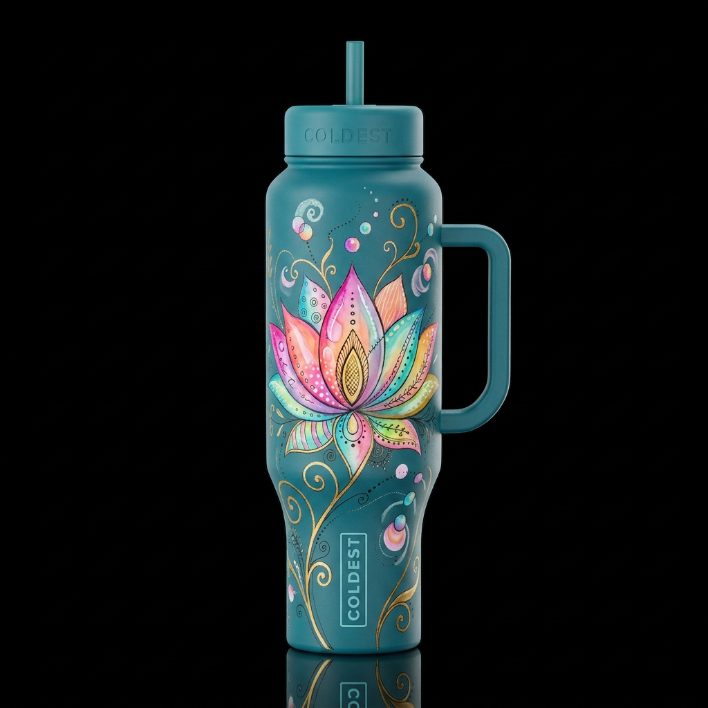 Teal, Lotus-like flower water bottle design