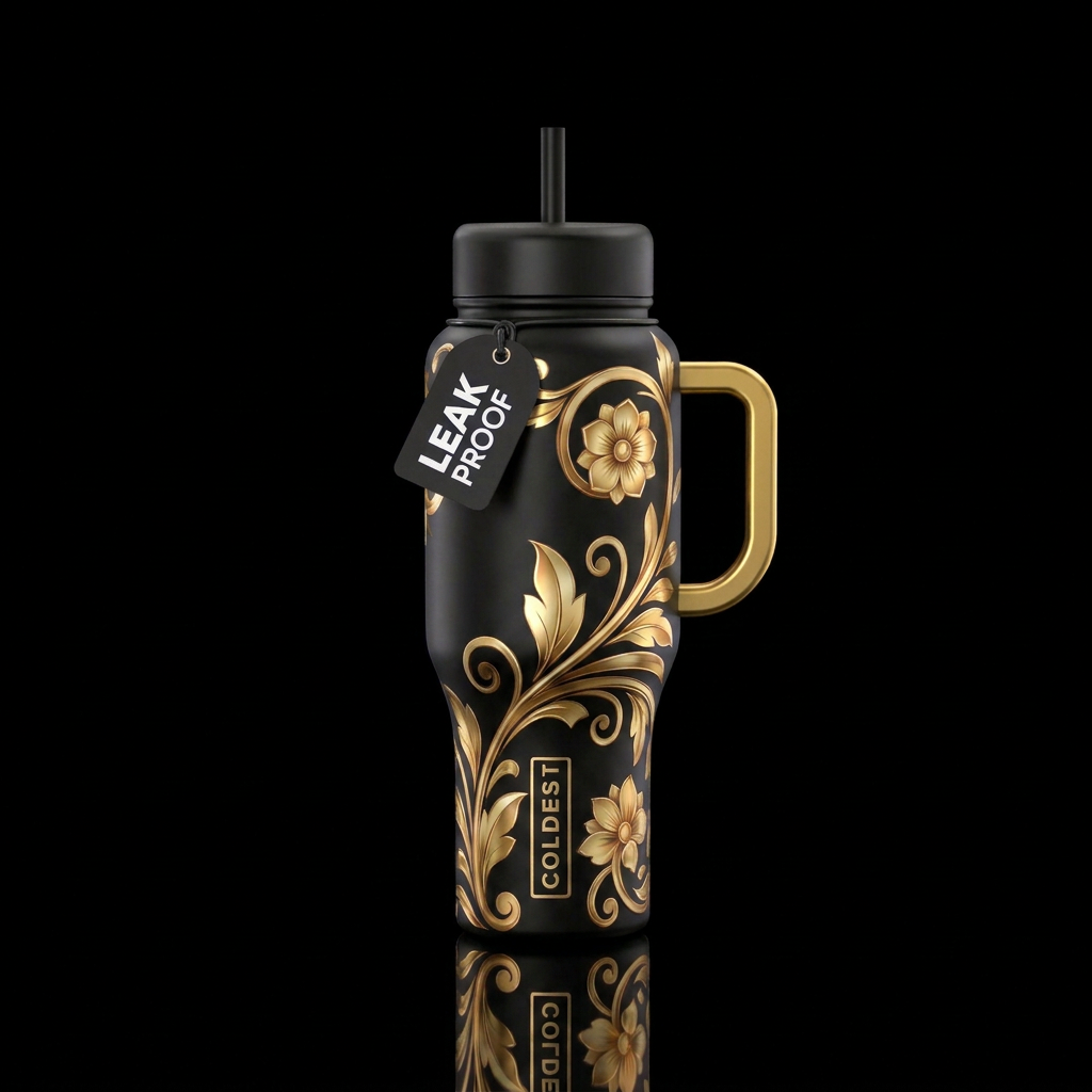 Black w gold floral water bottle design