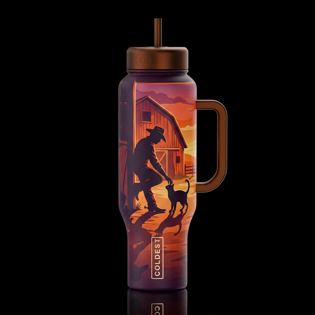 Silhouette of a cowboy leaning on a barn door way,... water bottle design