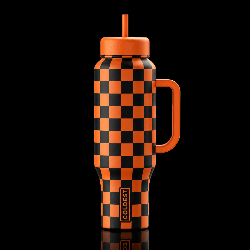 Black and orange checkered water bottle design