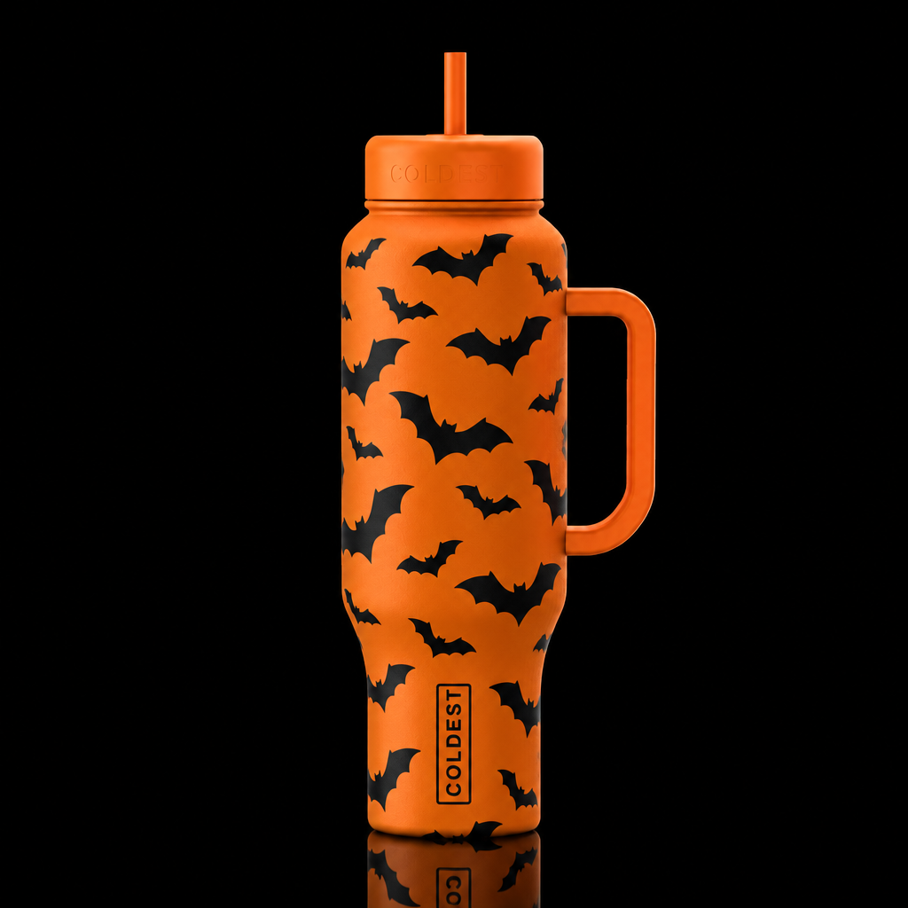 Orange with black bats water bottle design