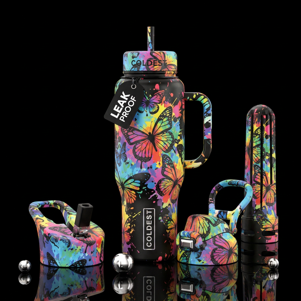 Butterflies, abstract, colorful water bottle design
