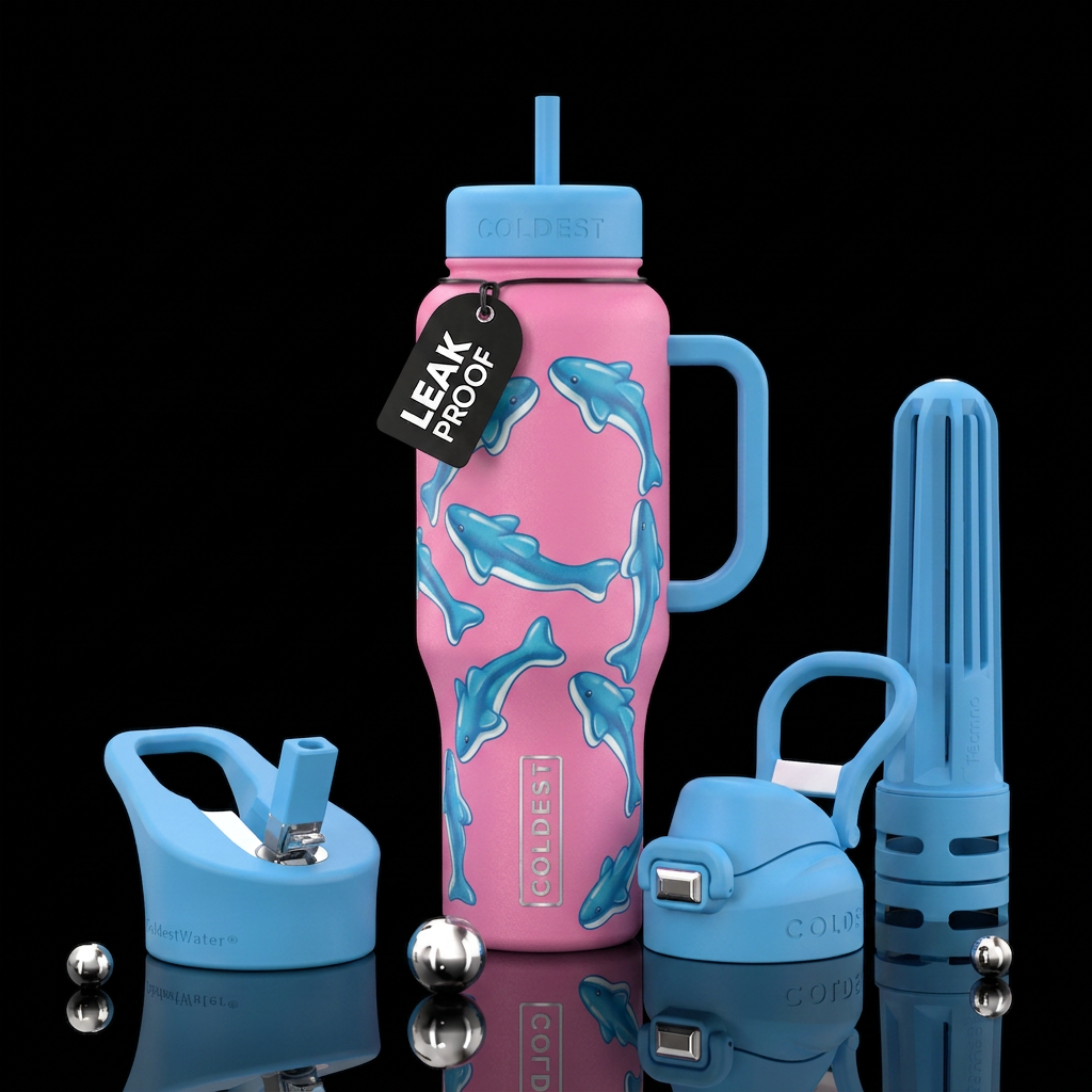 Pink bottle, realistic cartoon blue and white gumm... water bottle design