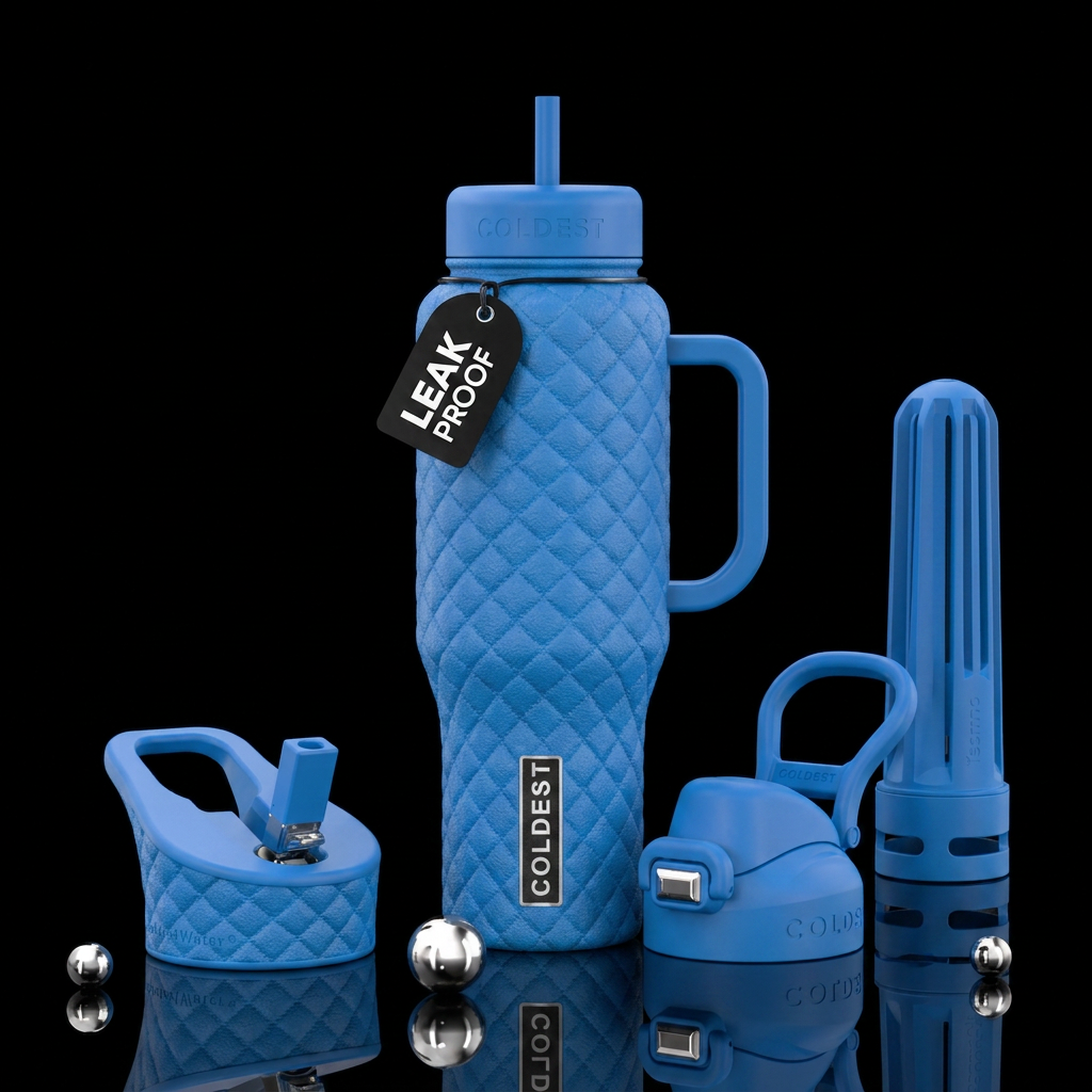 blue textured quilted water bottle design