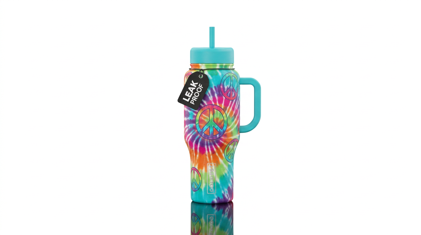 Tie dye hippy bottle with peace signs water bottle design
