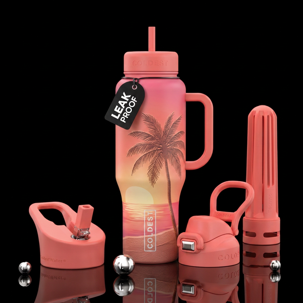 A coldest cup with a pinkish orange color with a s... water bottle design