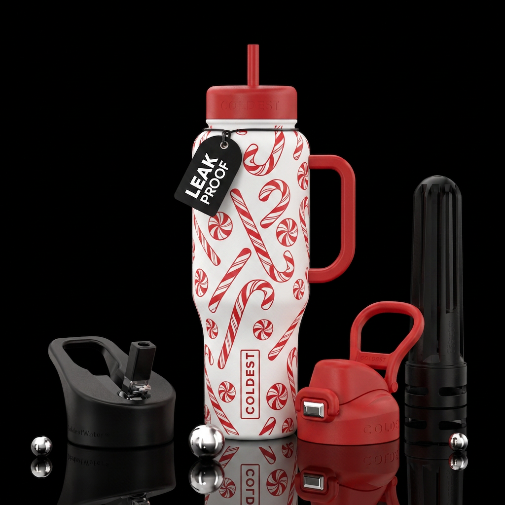 A coldest cup with red lids and handle white base ... water bottle design