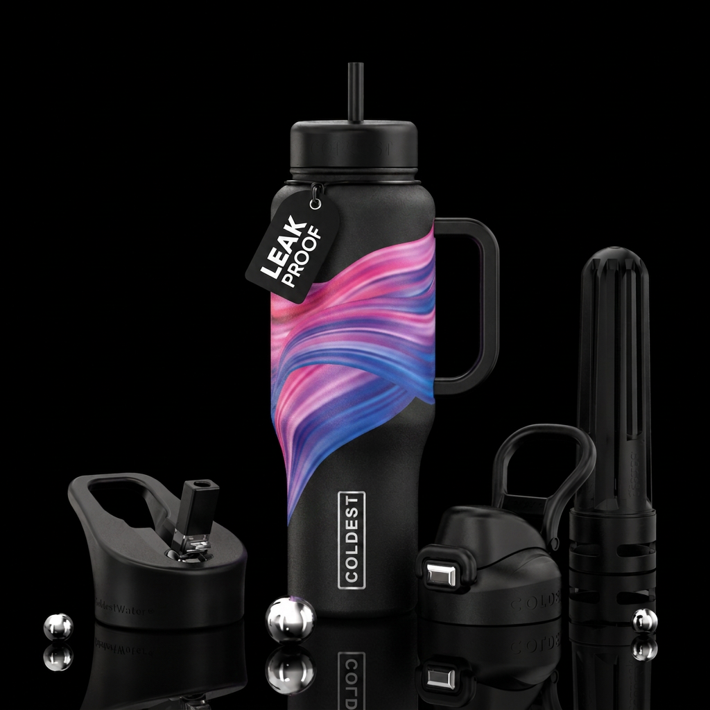 Pink purple blue flag like wave theme and black li... water bottle design
