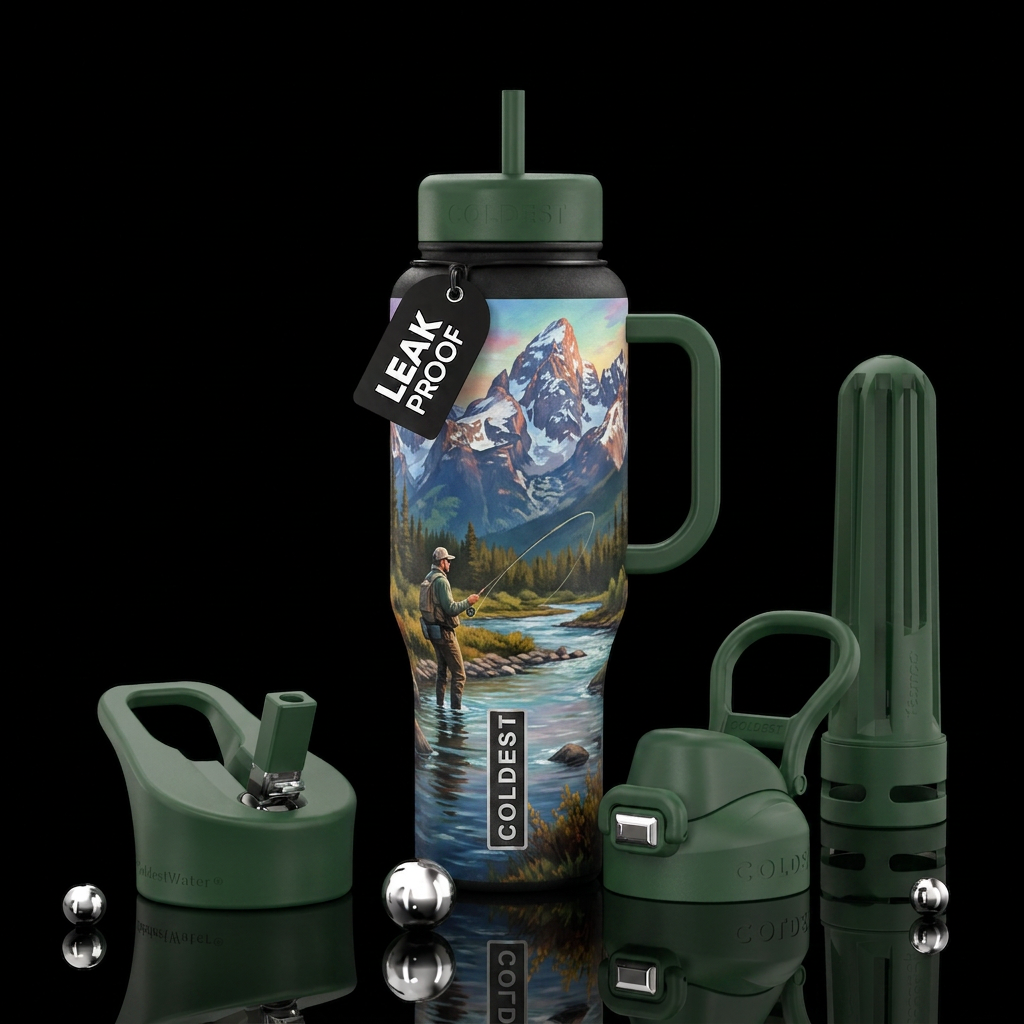 Man fishing, kales, trees. Mountain water bottle design