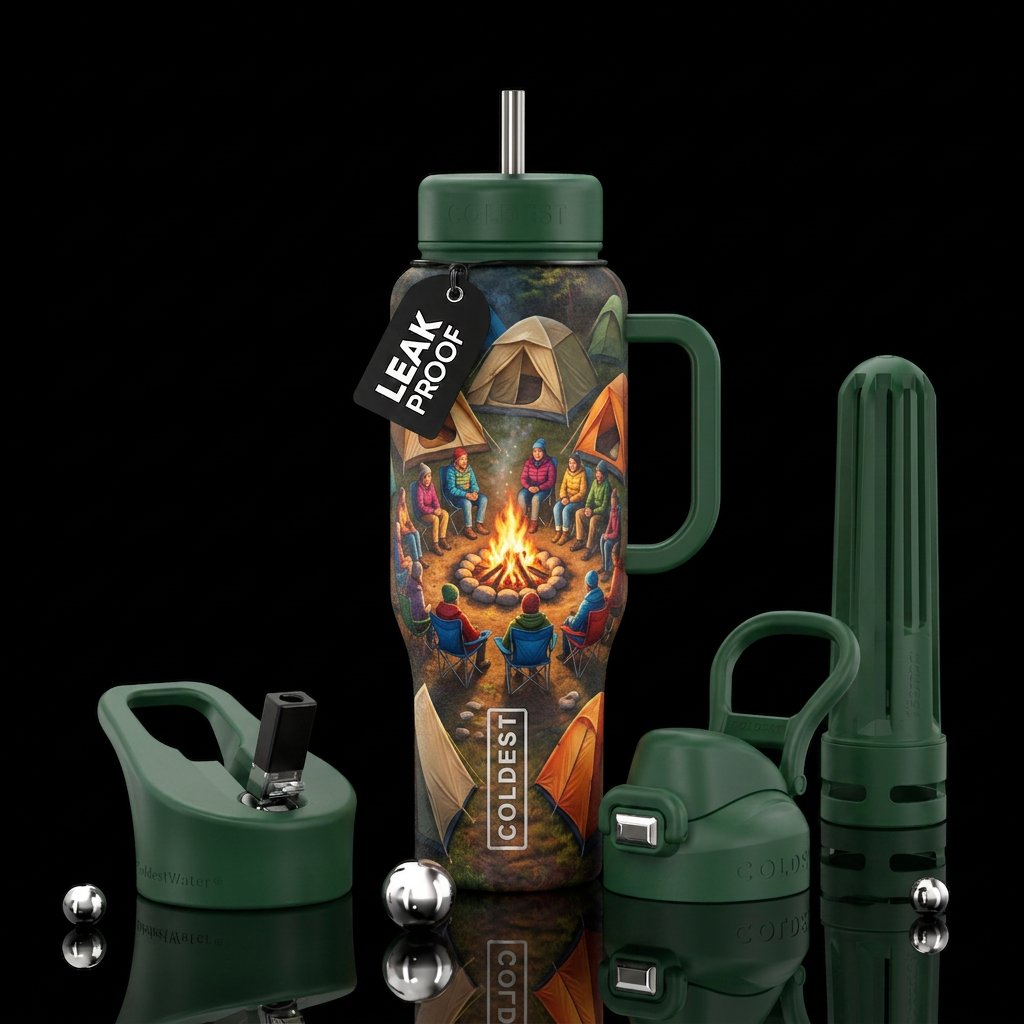 Campfire , chairs, people yents water bottle design