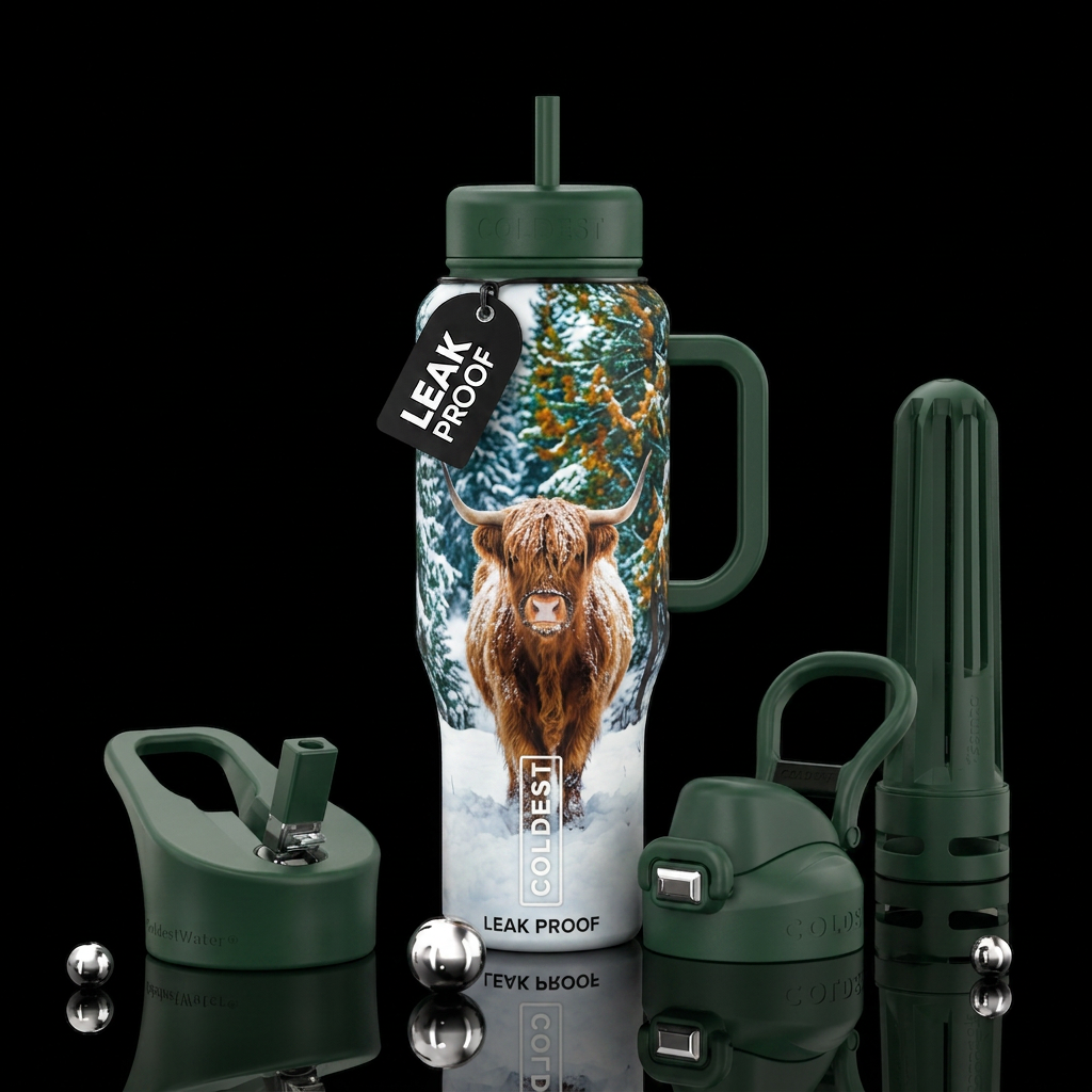 Highland cow In snow, trees water bottle design