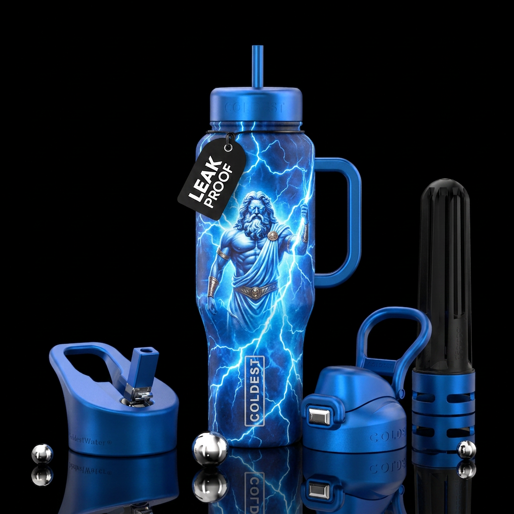 Electric blue, lightening and zeus water bottle design