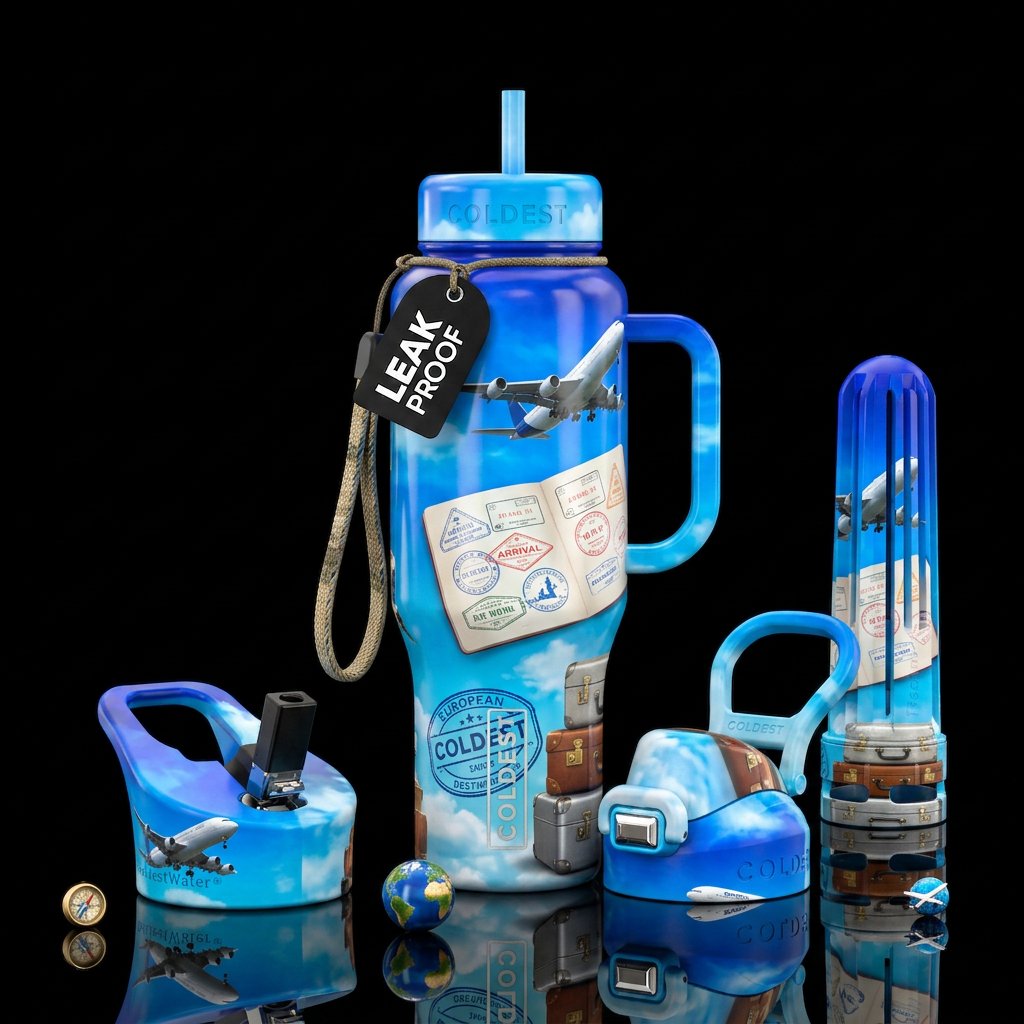 Plane, passport, sky, suitcase water bottle design