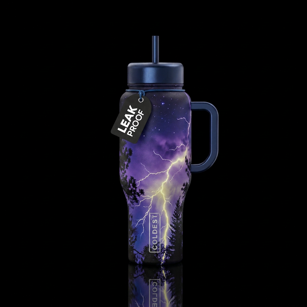 Night sky, lightening, trees, water bottle design