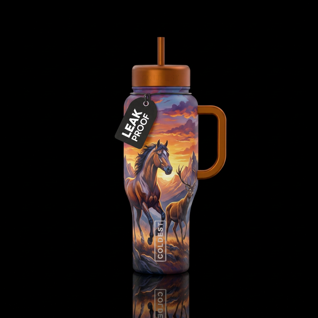 Stallion horse, mountains deer sunset water bottle design