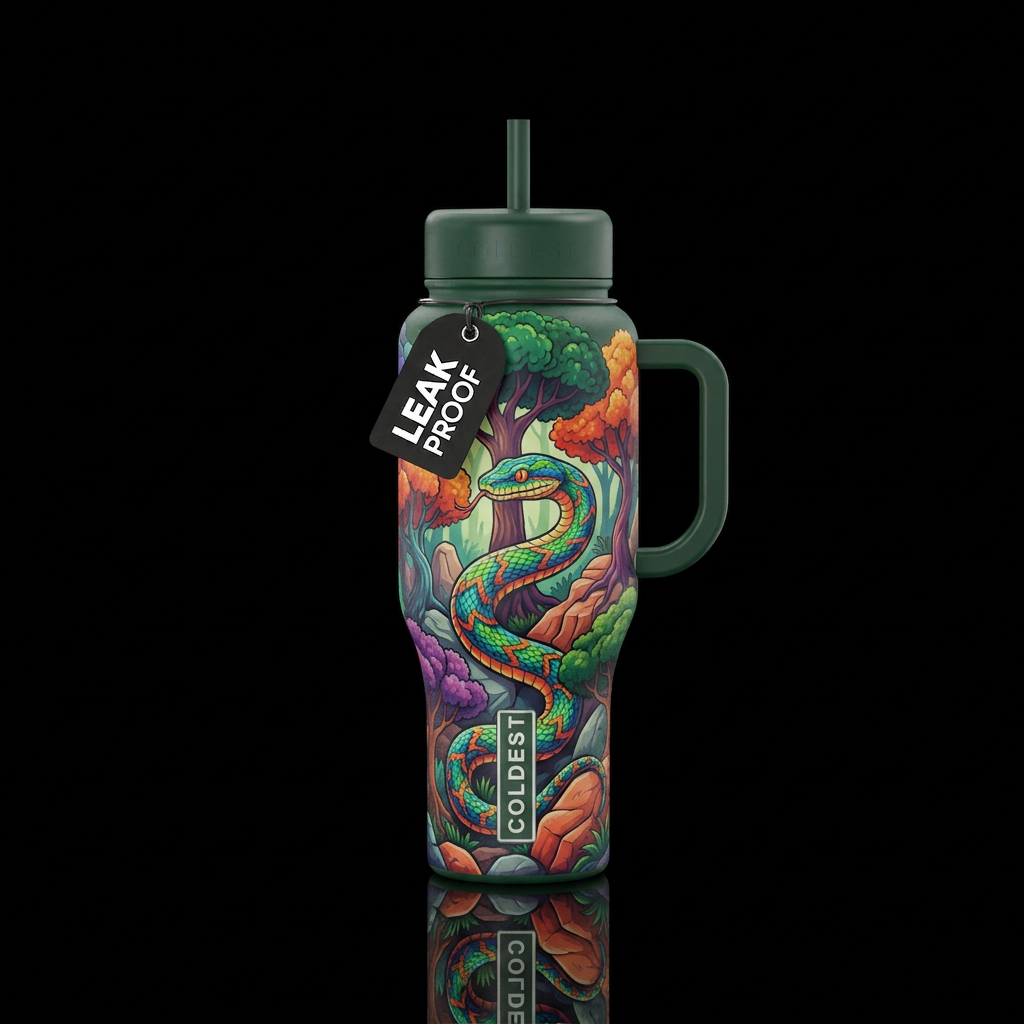 Snake wrapped around bottle, trees, rocks water bottle design