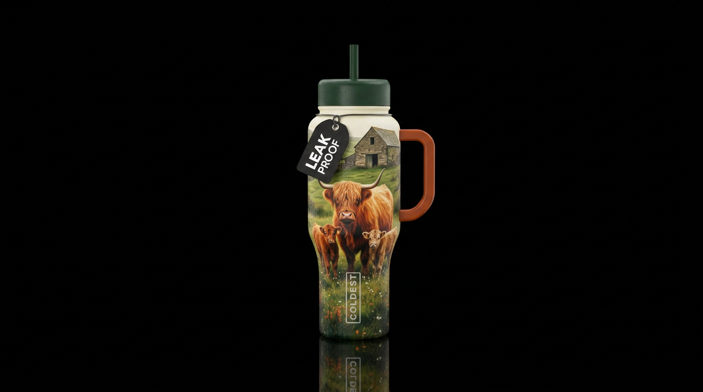 Fluffy highland cow with babies, pasture, barn water bottle design