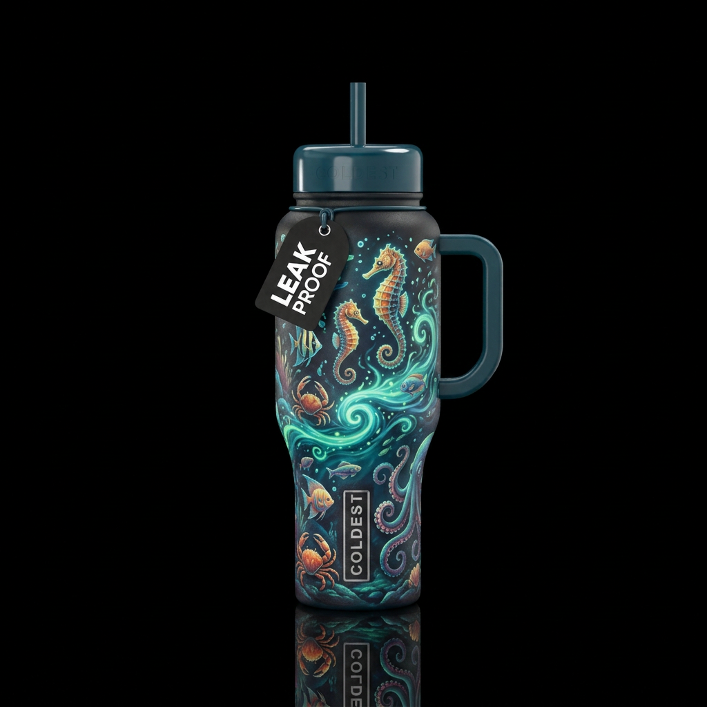 Seahorse, crabs, fish, glowing water, octopus water bottle design