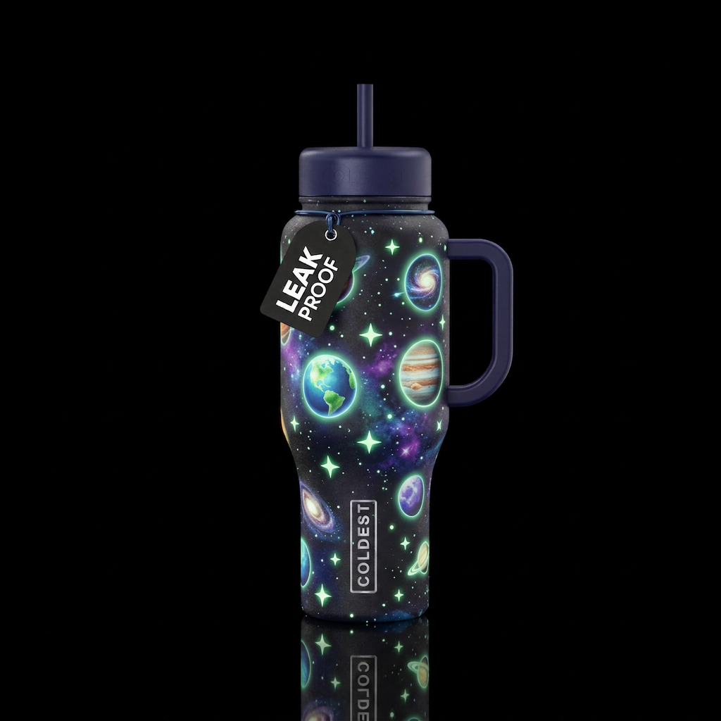 Space, planets, glow in dark , stars water bottle design