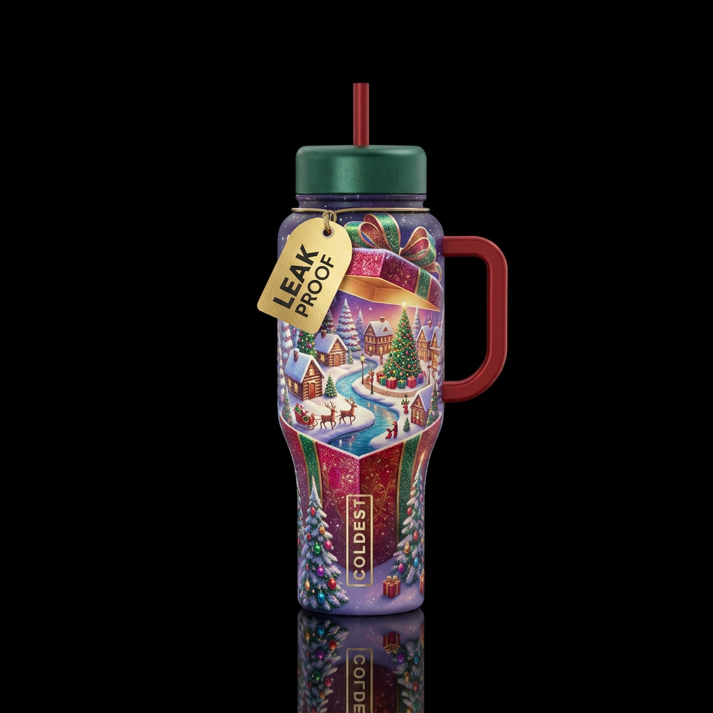 Open Xmas gift, inside you see wonderland water bottle design