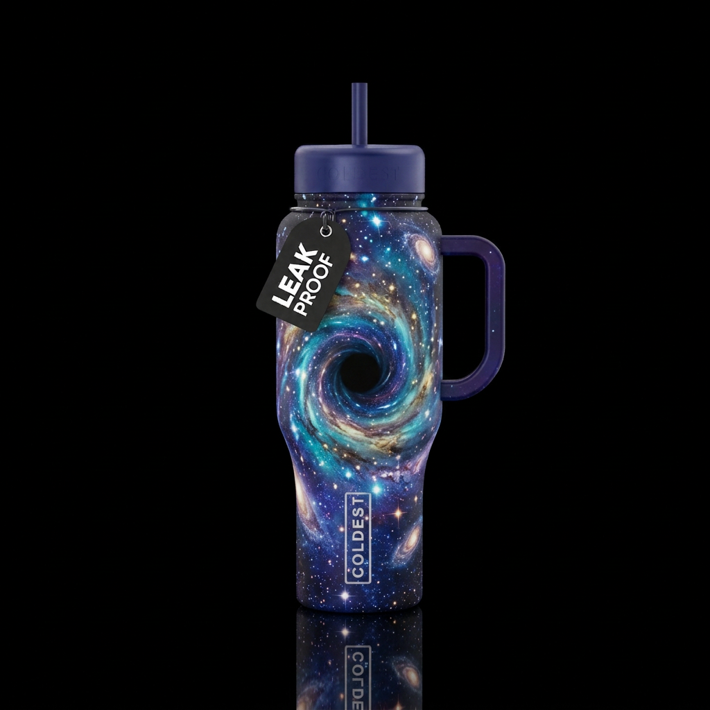 Black hole in universe, stars, galaxies, vibrant water bottle design