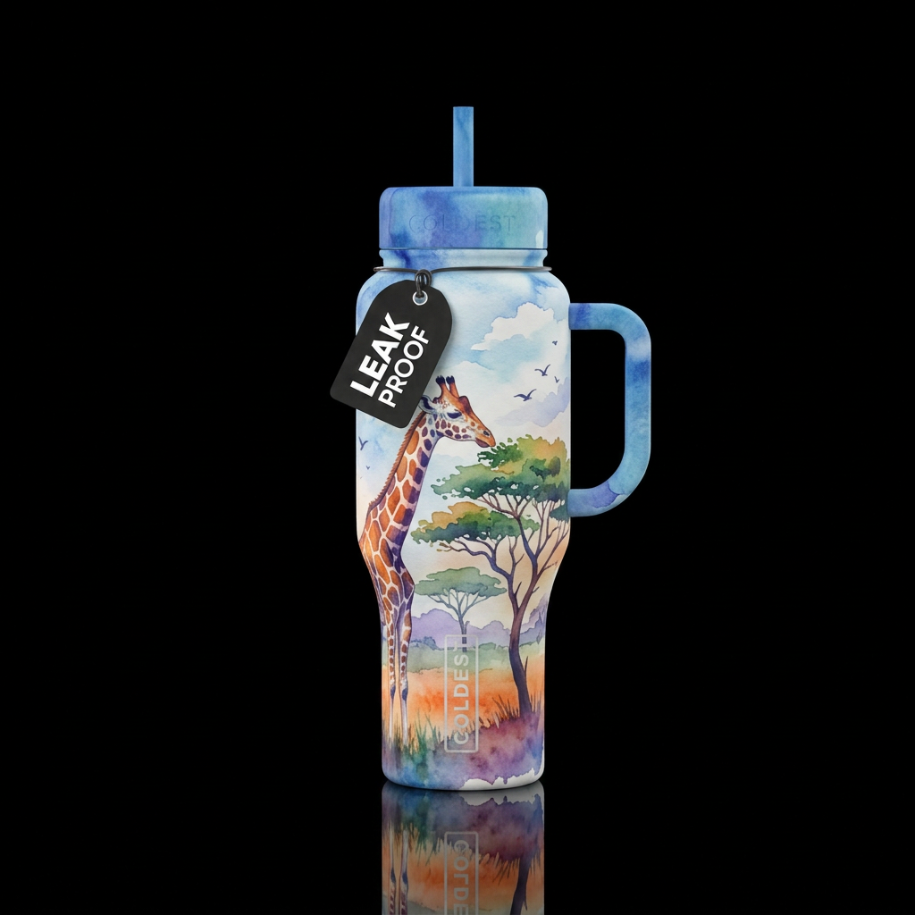 giraffe, watercolor, birds, clouds, trees water bottle design