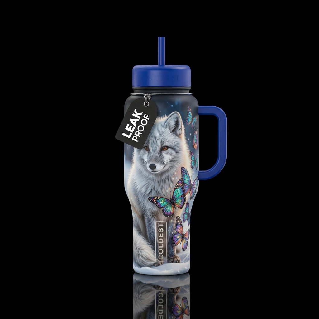 arctic fox, beautiul, vibrant, butterfly water bottle design