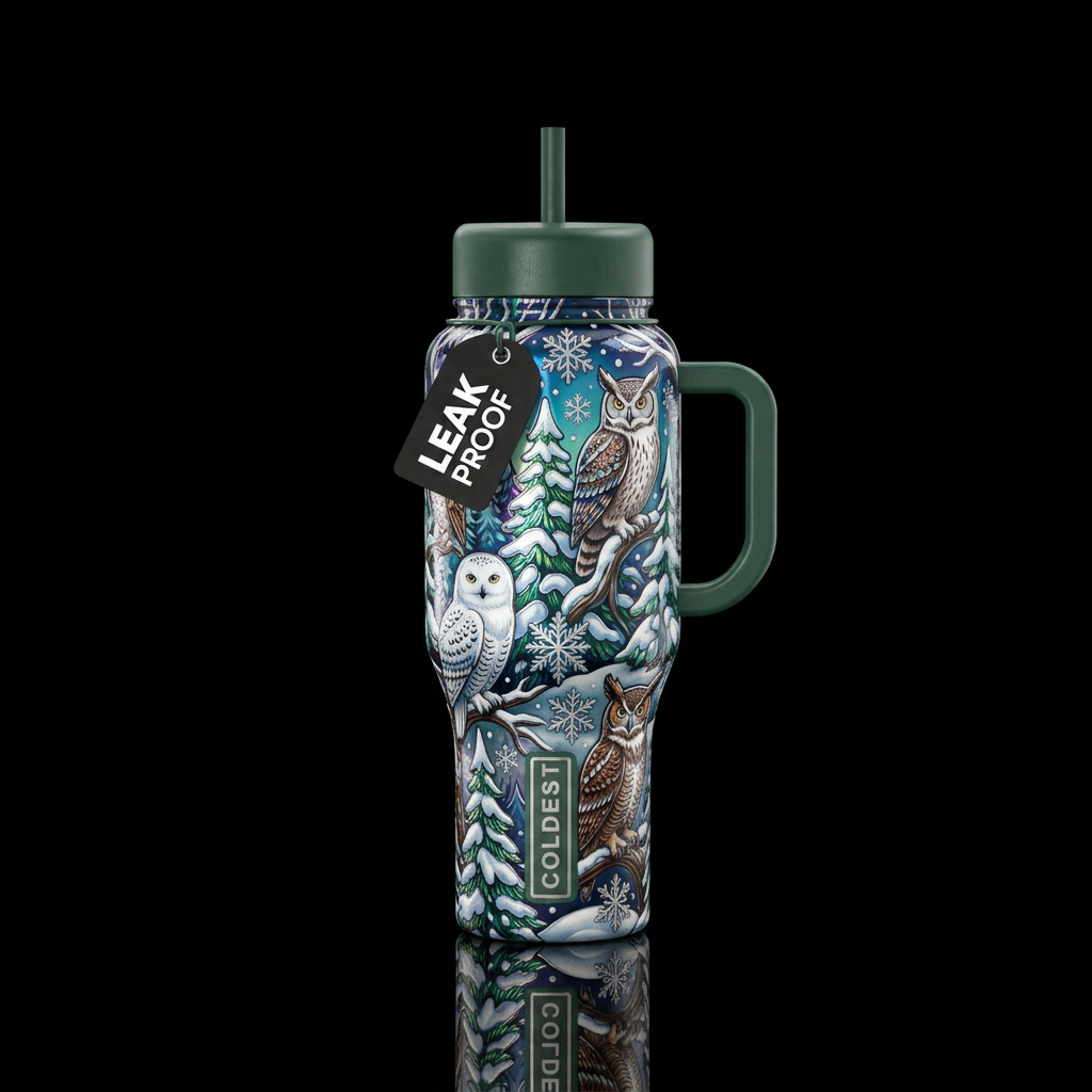 Owls. Snow, trees,, shiny water bottle design