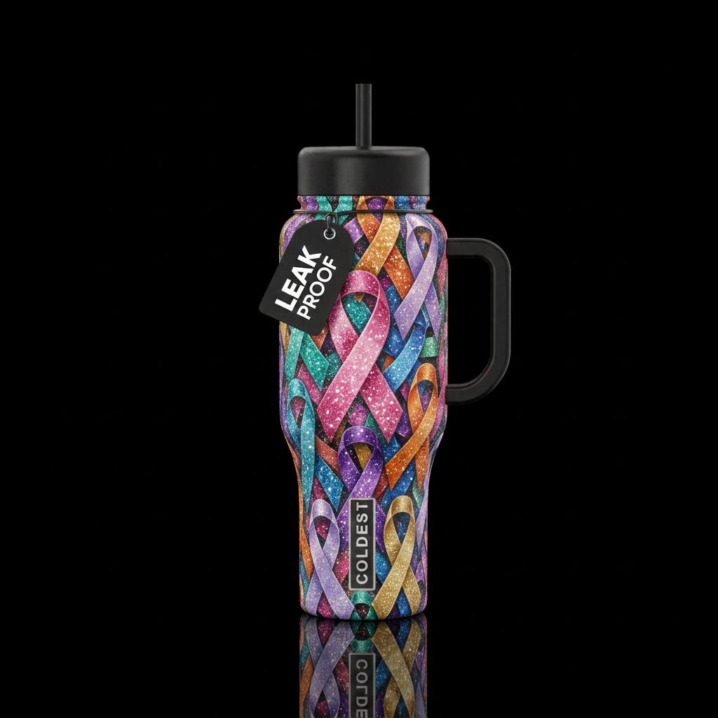 All ribbons colors for cancers, glitter, shiny, lu... water bottle design