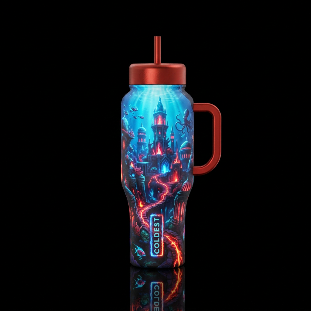 underwater city, fantasy, electric, firery water bottle design