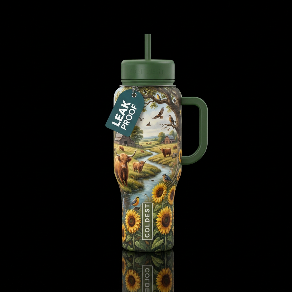 Farm, creek, highland cows, birds, trees, sunflowe... water bottle design