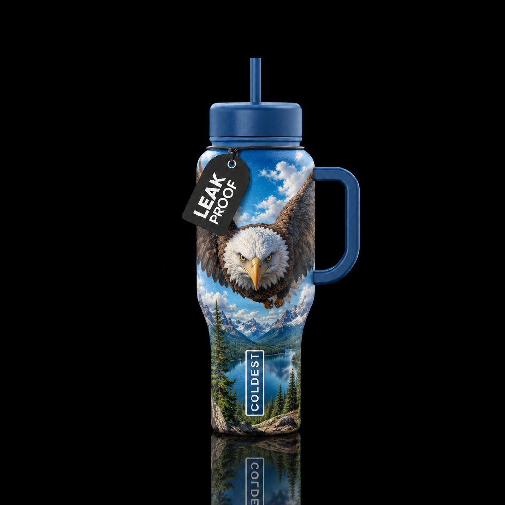 Eagle face in front and wings around bottle, cloud... water bottle design