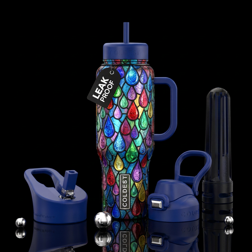 Stained glass raindrops water bottle design