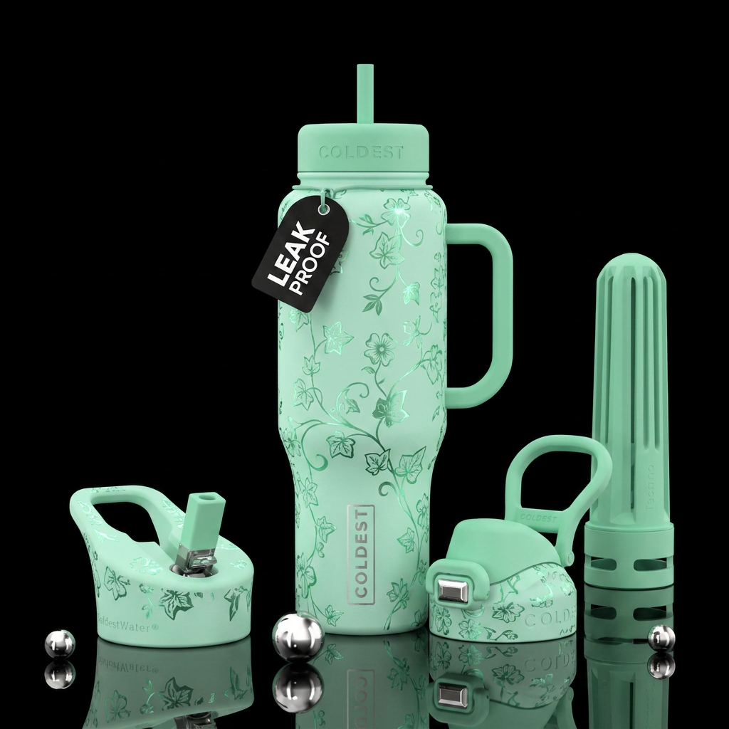 Mint green foliage water bottle design