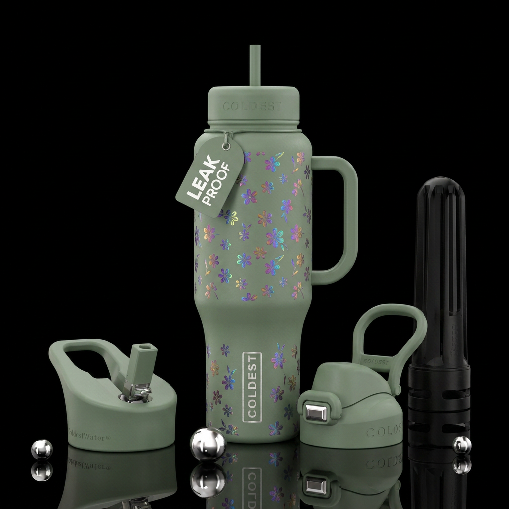 Oil slick flowers water bottle design