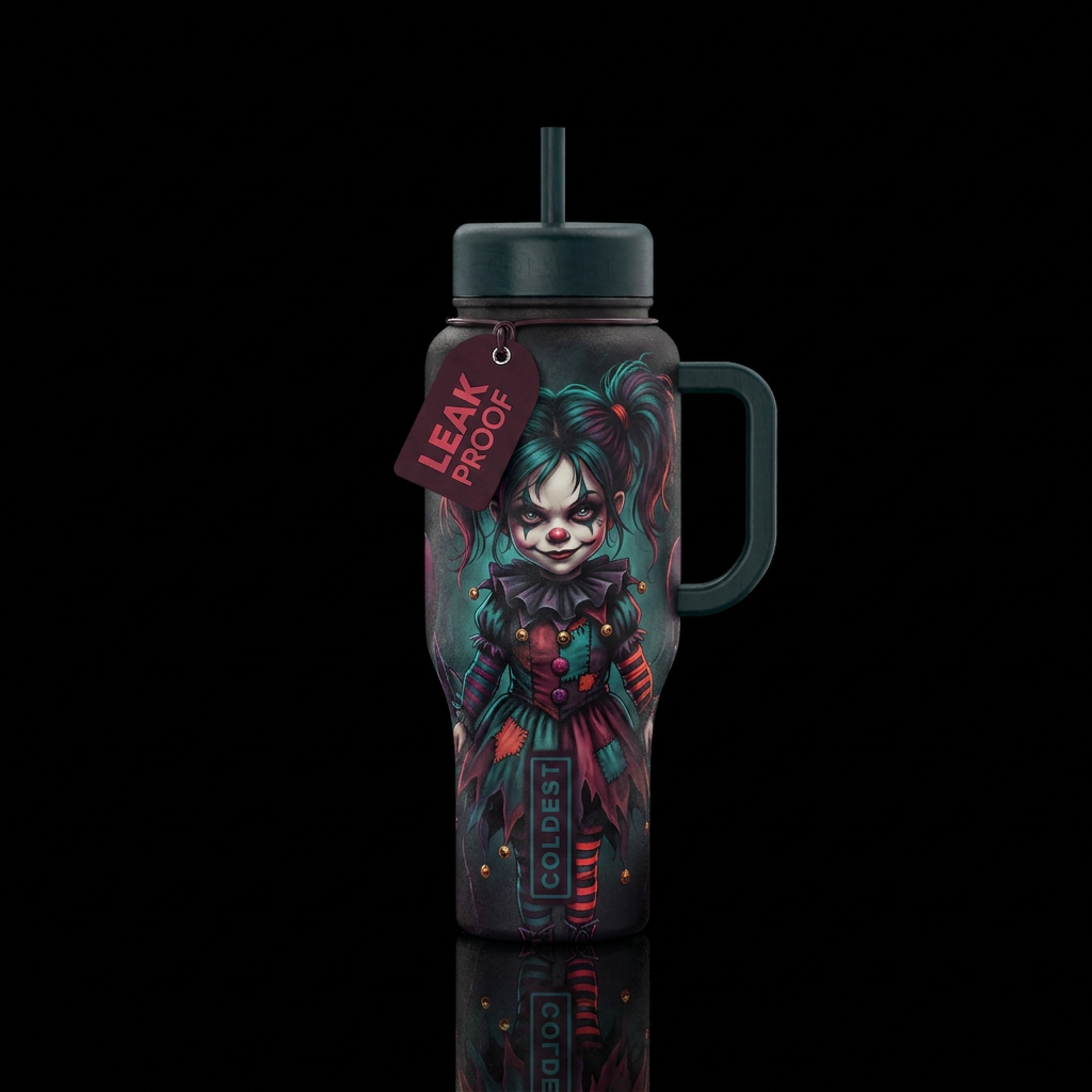 Creepy clown doll water bottle design