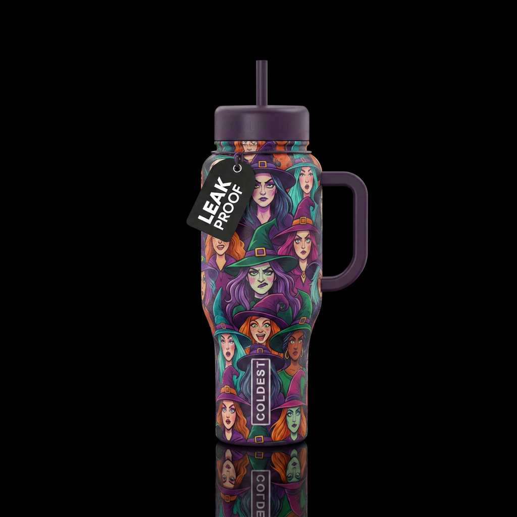 Resting witch face water bottle design