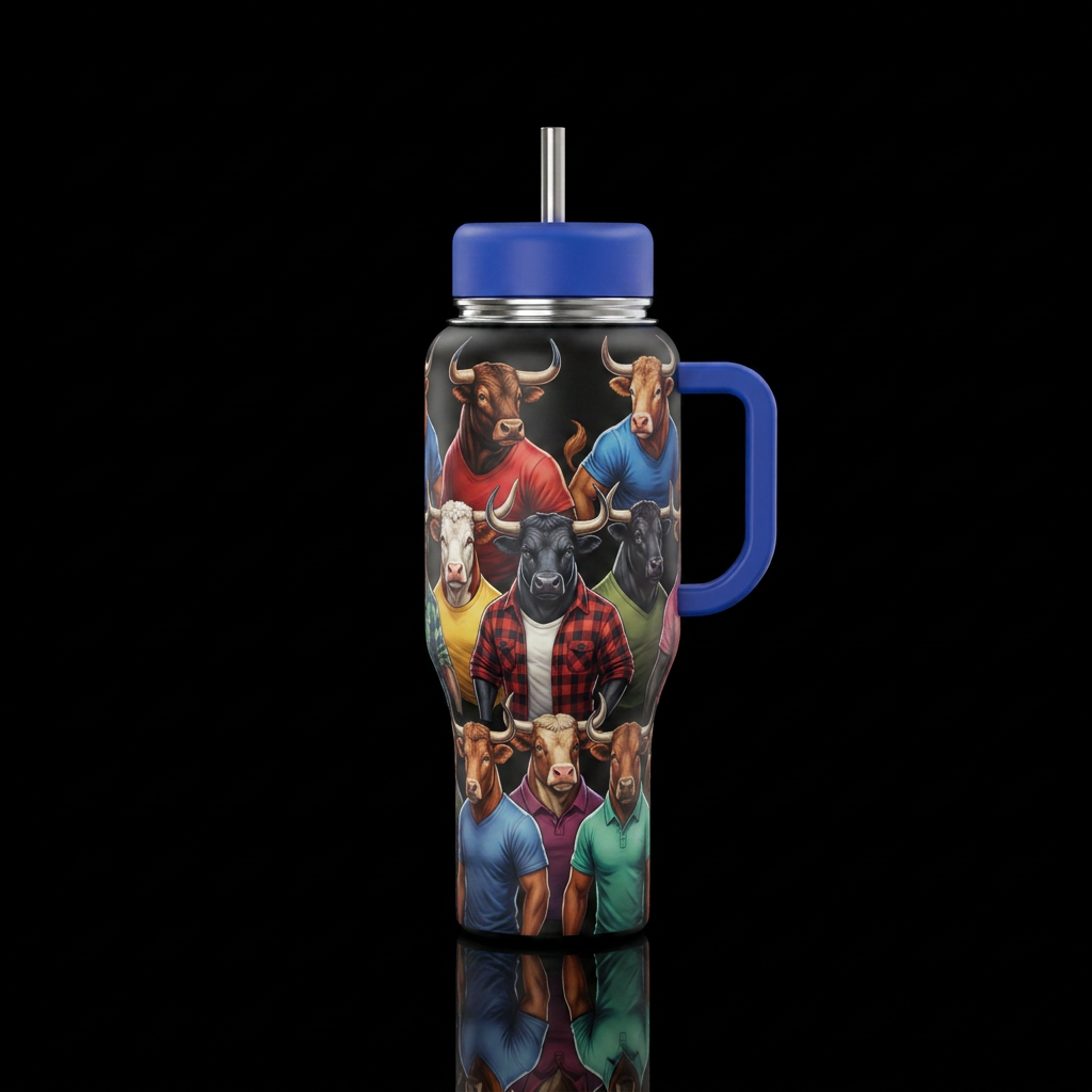 Different breeds of Bulls with shirts on water bottle design