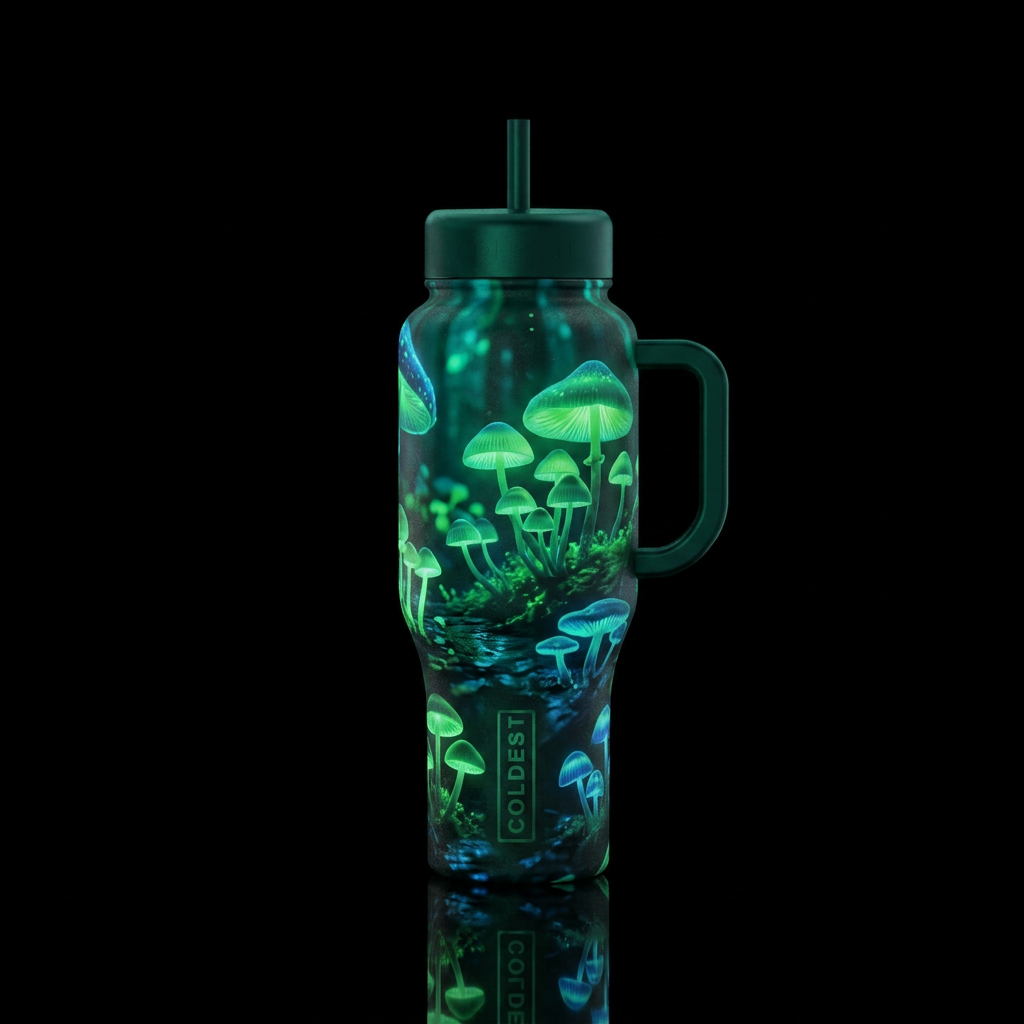 Bioluminescent mushrooms water bottle design