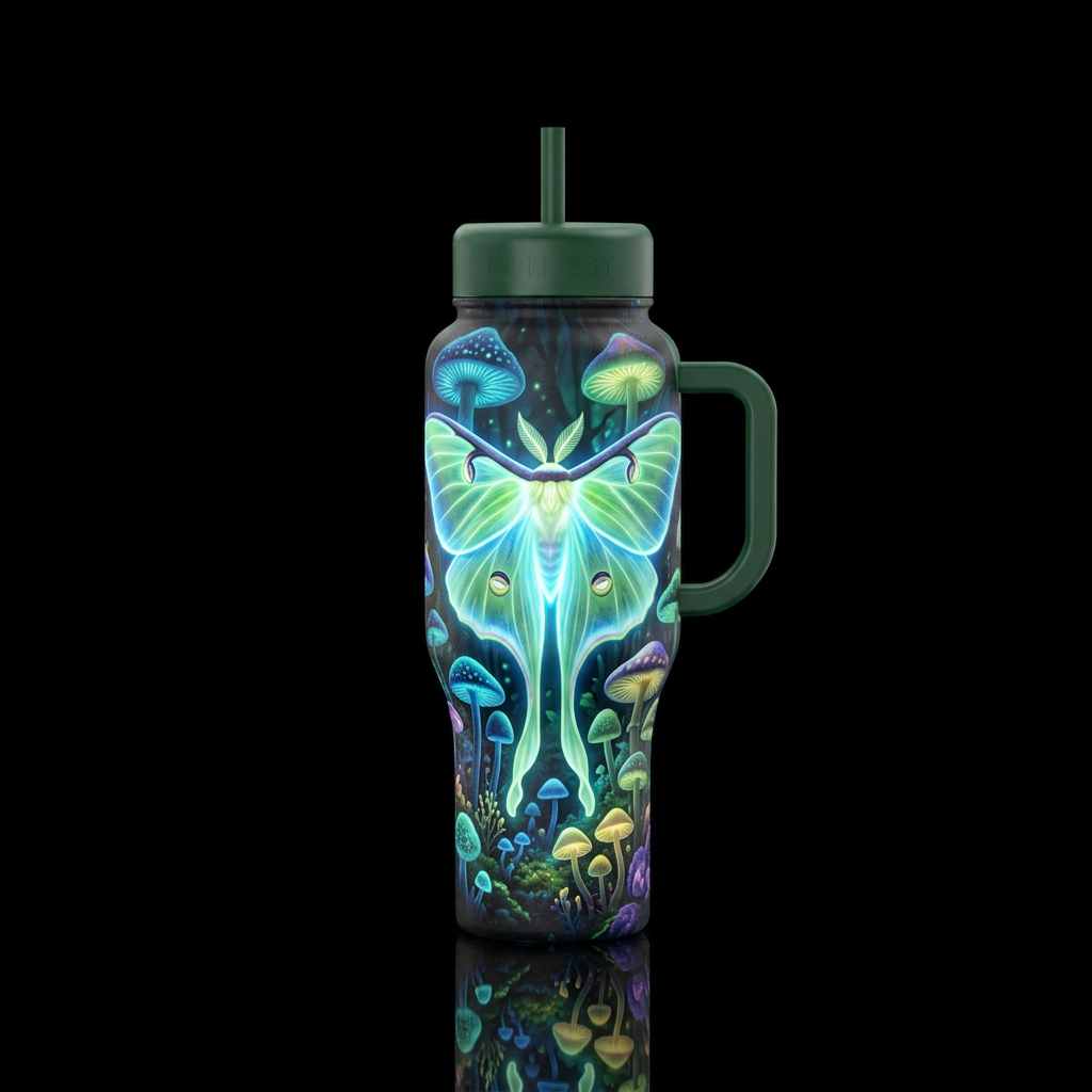Glowie Luna Moth in an area with bioluminescent mu... water bottle design
