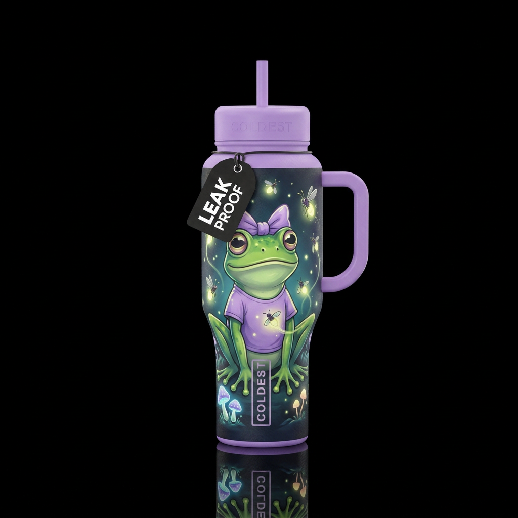 A glowie frogg bottle , a green female frog with f... water bottle design