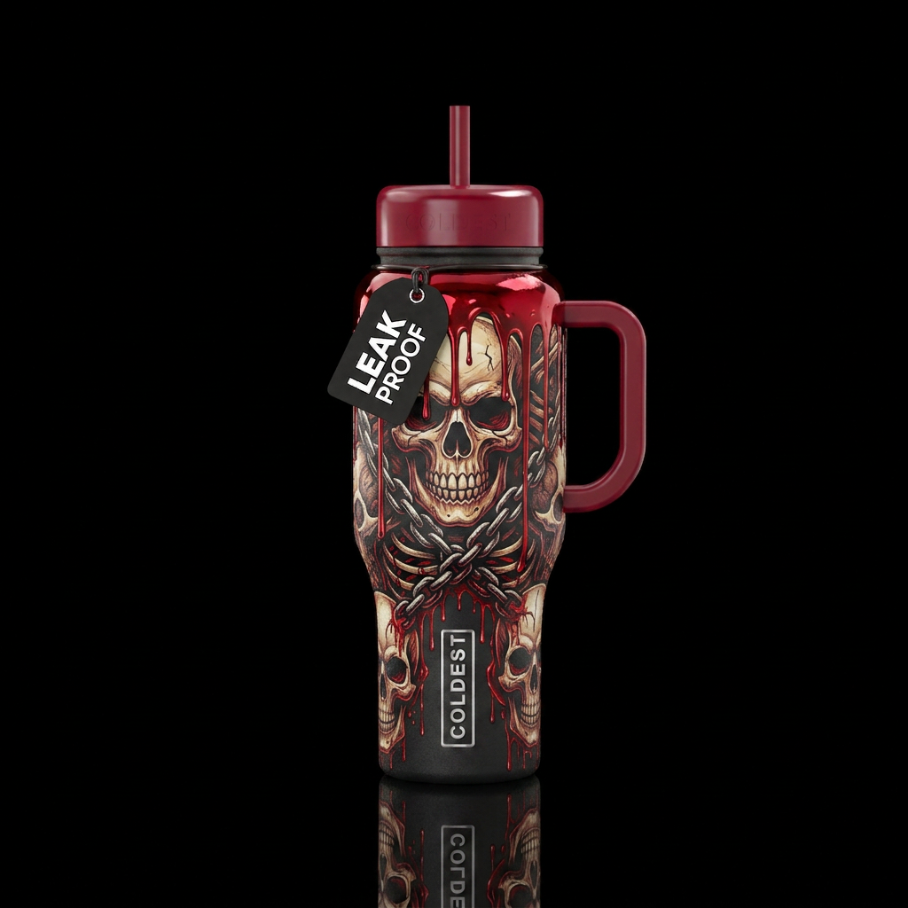 Ancient  skulls with red drip and chains water bottle design