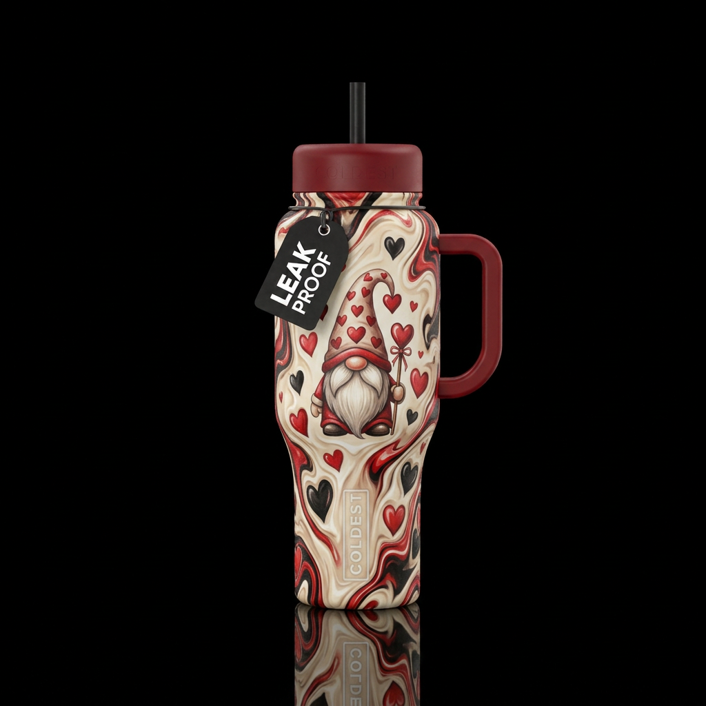 A gnome on a red white and black molten Ivory bott... water bottle design