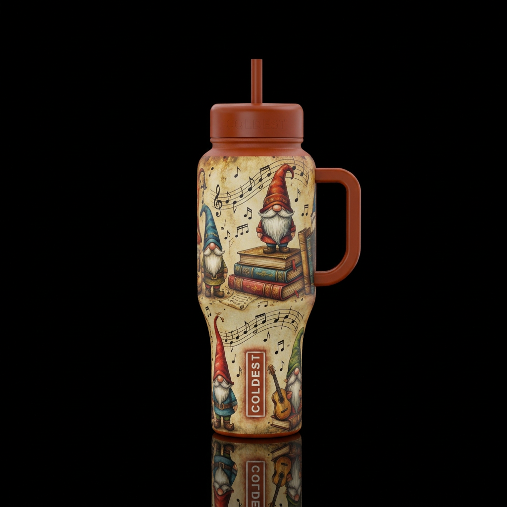 Music notes with a vintage theme with books and gn... water bottle design
